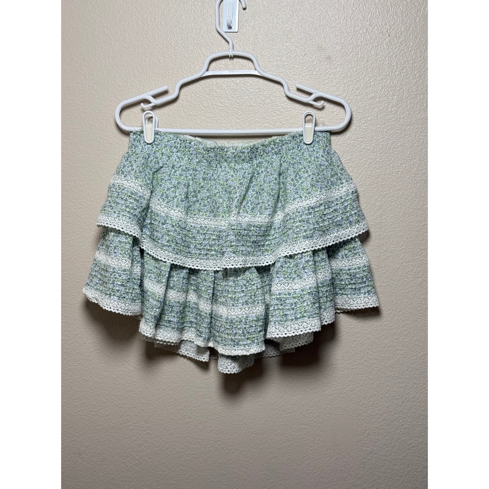Aerie Floral Tiered Ruffle Mini Skirt Green Blue Lace Trim Smocked Waist Large